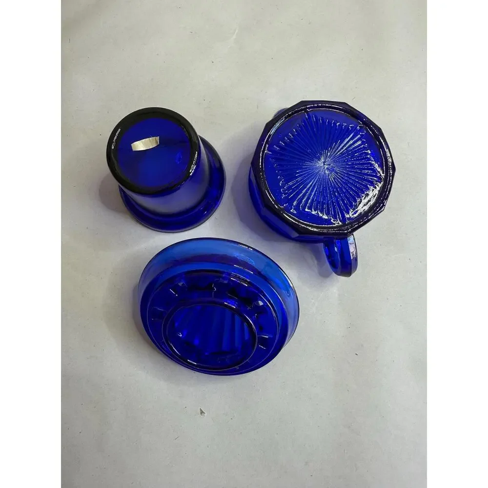 Vintage Cobalt Blue Glass Citrus Juicer, Reamer Set, Starburst Base, Kitchen